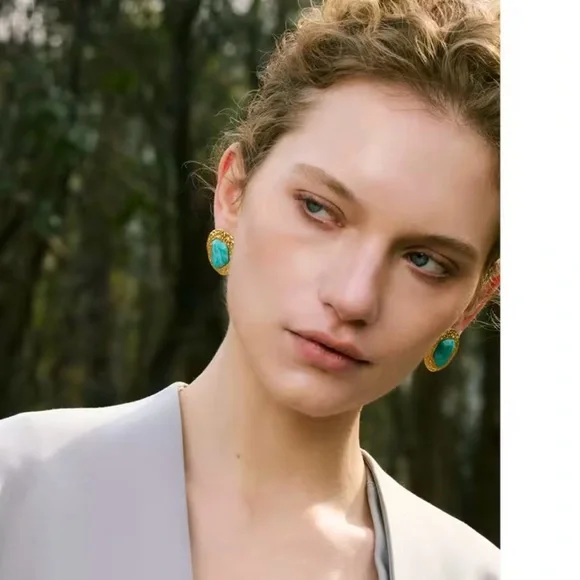 Natural Amazonite Stainless Steel Gold-Tone Stud Earrings - Picture 2 of 2